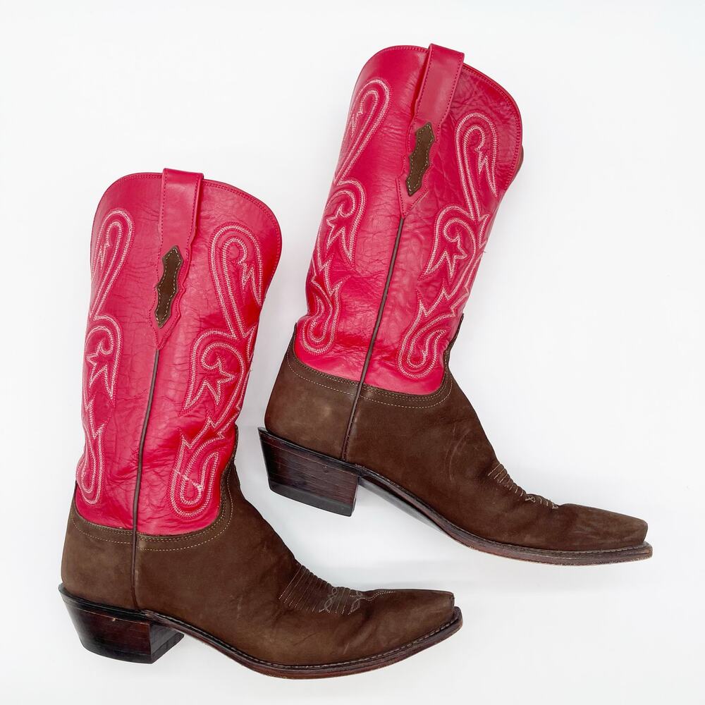 Lucchese Women’s 10 Brown Suede Red Leather Colorblock Snip Toe Cowgirl Boots - Picture 3 of 11